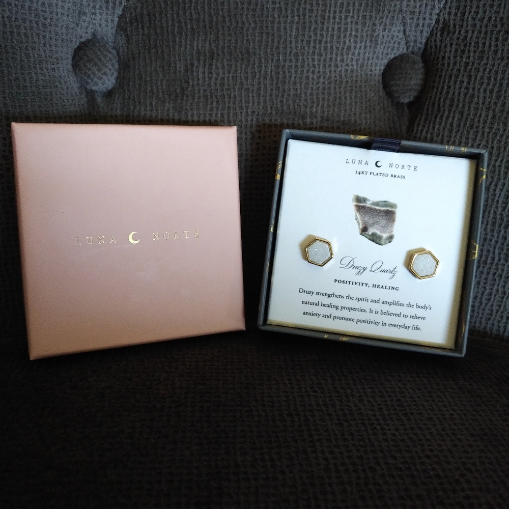 Luna🌙 Norte White Druzy Quartz Hexagon Earrings - Picture 10 of 13
